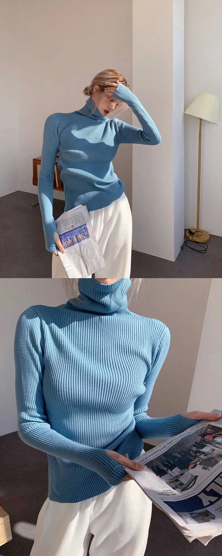 Knitted Sweater Women Korean Version Turtleneck Sweater Winter Solid Color Pullover Slimming Interior Lapping Warm Basic Tops