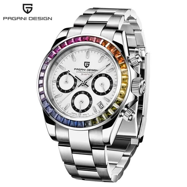 2023 PAGANI DESIGN New Rainbow Bezel Sport Watch Men Quartz Stainless Steel 100MWaterproof Mens Watch VK63 Sapphire Chronograph - M & M Global