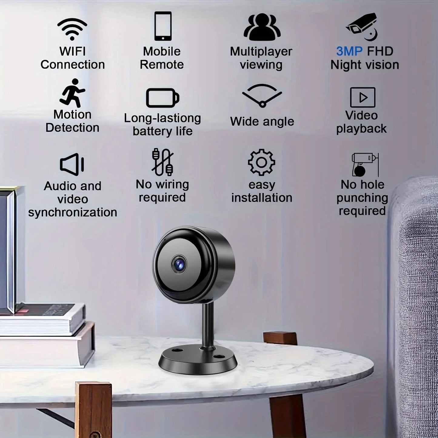 2K/3MP Mini wireless FHD camera - night vision, motion detection alarm, 1080P surveillance camera, remote monitoring, - M & M Global