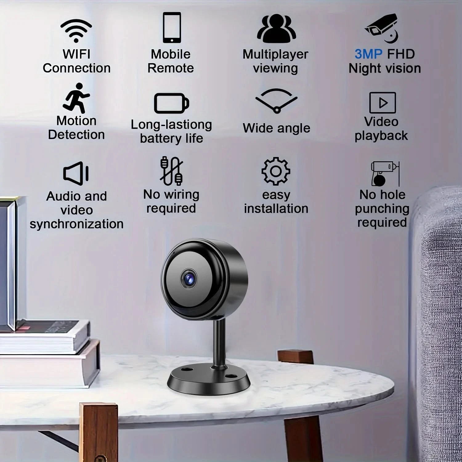 2K/3MP Mini wireless FHD camera - night vision, motion detection alarm, 1080P surveillance camera, remote monitoring, - M & M Global