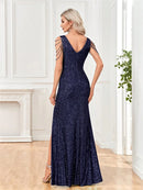 Elegant V-neck Sequins Slit Floor Length Formal Evening Dresses Luxury sleeveless Bridesmaid Wedding Party Beading Cocktail Gown