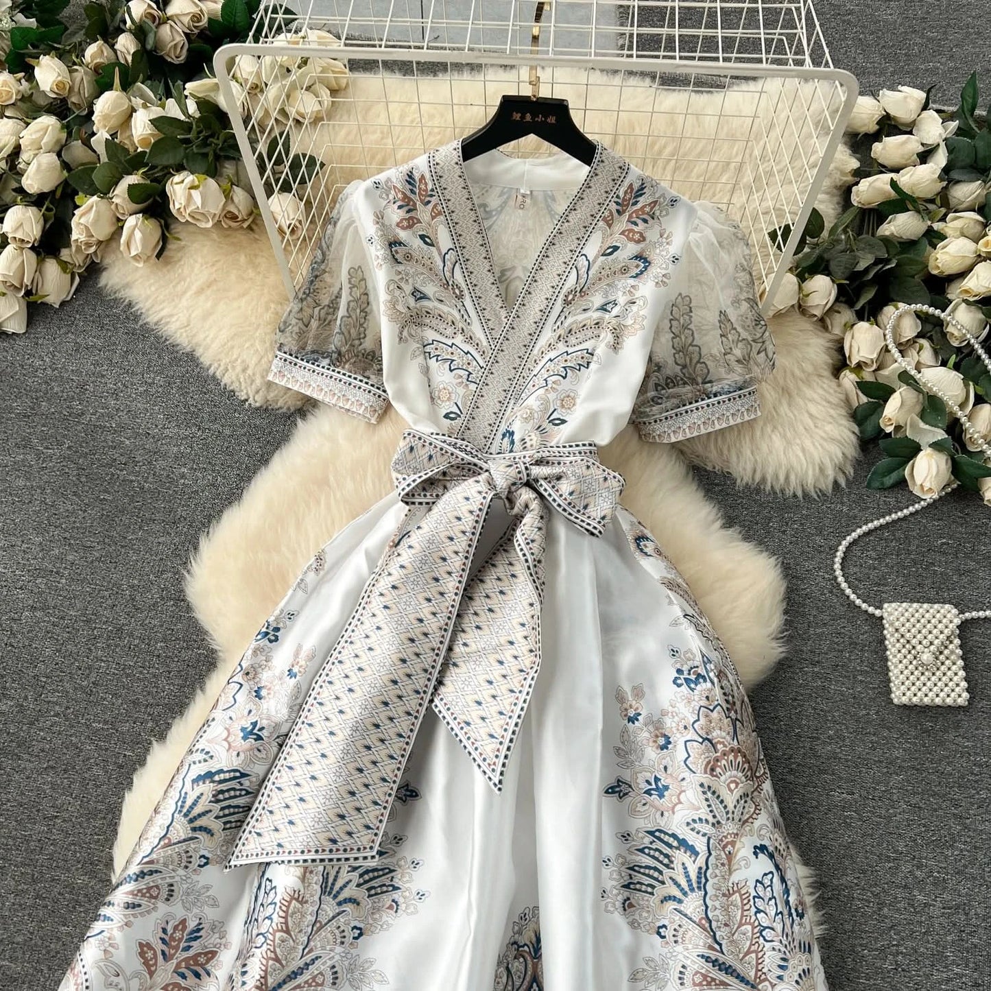 Summer Bohemian Paisley Print Long Dress Women V-Neck Short Puff Sleeve Vintage Print Bandage Lace Up Robe Vestidos Clothes 6237 - M & M Global
