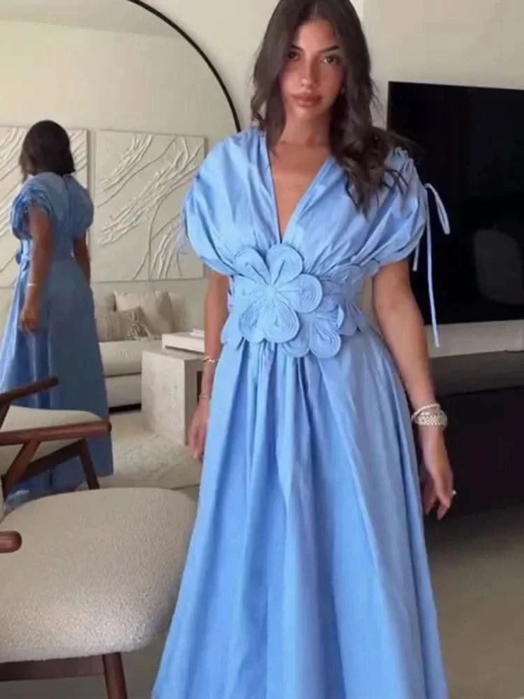 Blue V-Neck Waist-Fitted Bow-Decored Long Dress For Women Fashionable And Elegant European And American Style - M & M Global