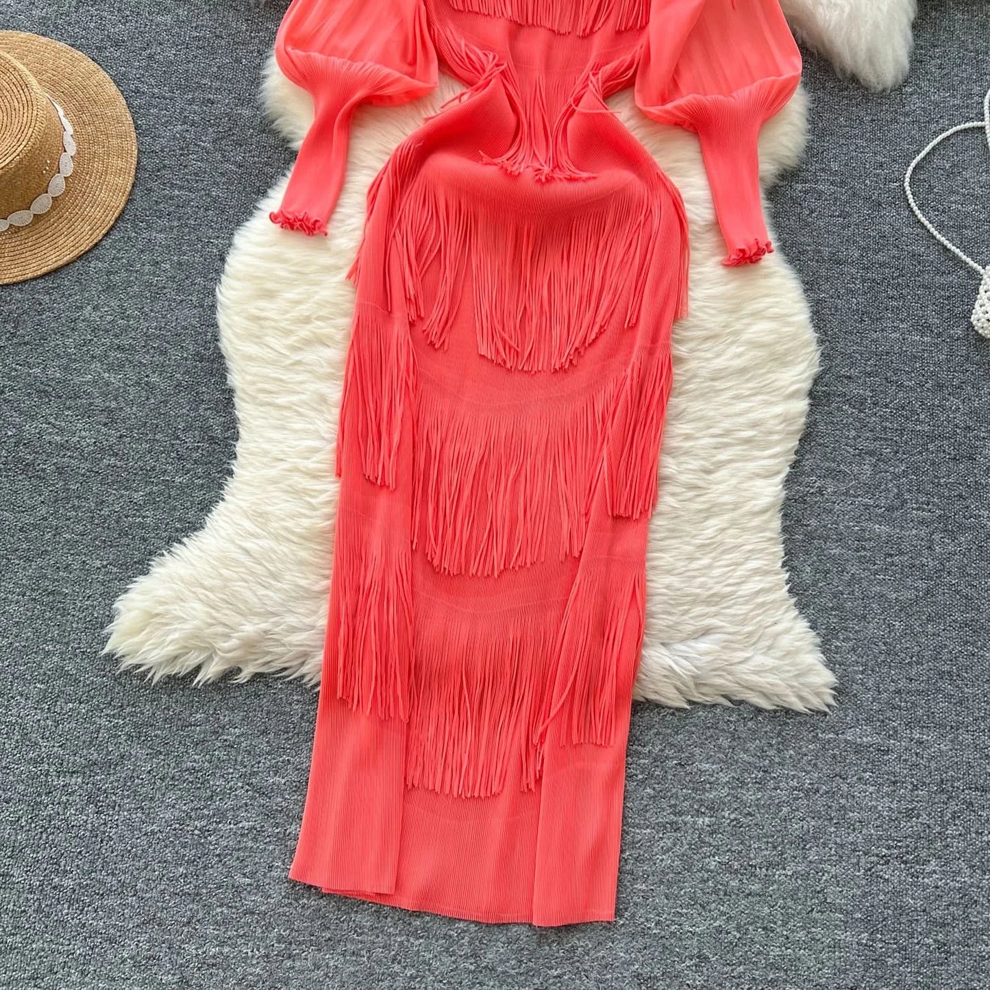 Vintage O-Neck Elegant Long Lantern Sleeve Chic Tassel Slim Long Dress French Fashion Evening High Street Autumn Winter Clothing - M & M Global