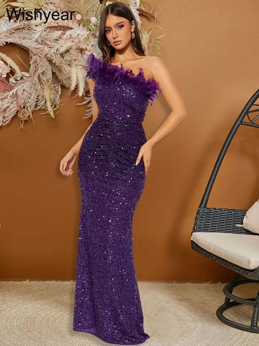 New Luxury Sequined Feather One Shoulder Sleeveless Slanted Collar Backless Purple Long Dress  Women Birthday Party Event Gowns - M & M Global