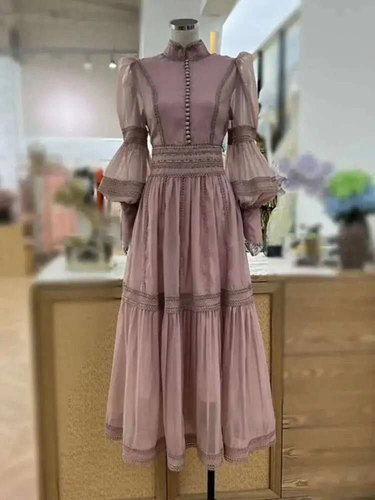 UCXQ Elegant Long Dress Fairy Style Stand Up Collar Lantern Sleeves Splicing Waist Fashion Dresses Women 2025 Spring Autumn 1351 - M & M Global