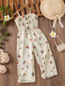 European and American Style Girls' Fresh Floral Print Suspender Wide-Leg Jumpsuit, Summer Thin Style, Sweet Pastoral Style Printed Sleeveless Drapey Cropped Pants for Girls Aged 4-5-6-7-8, Retro Gentle Style Girls' Jumpsuit O