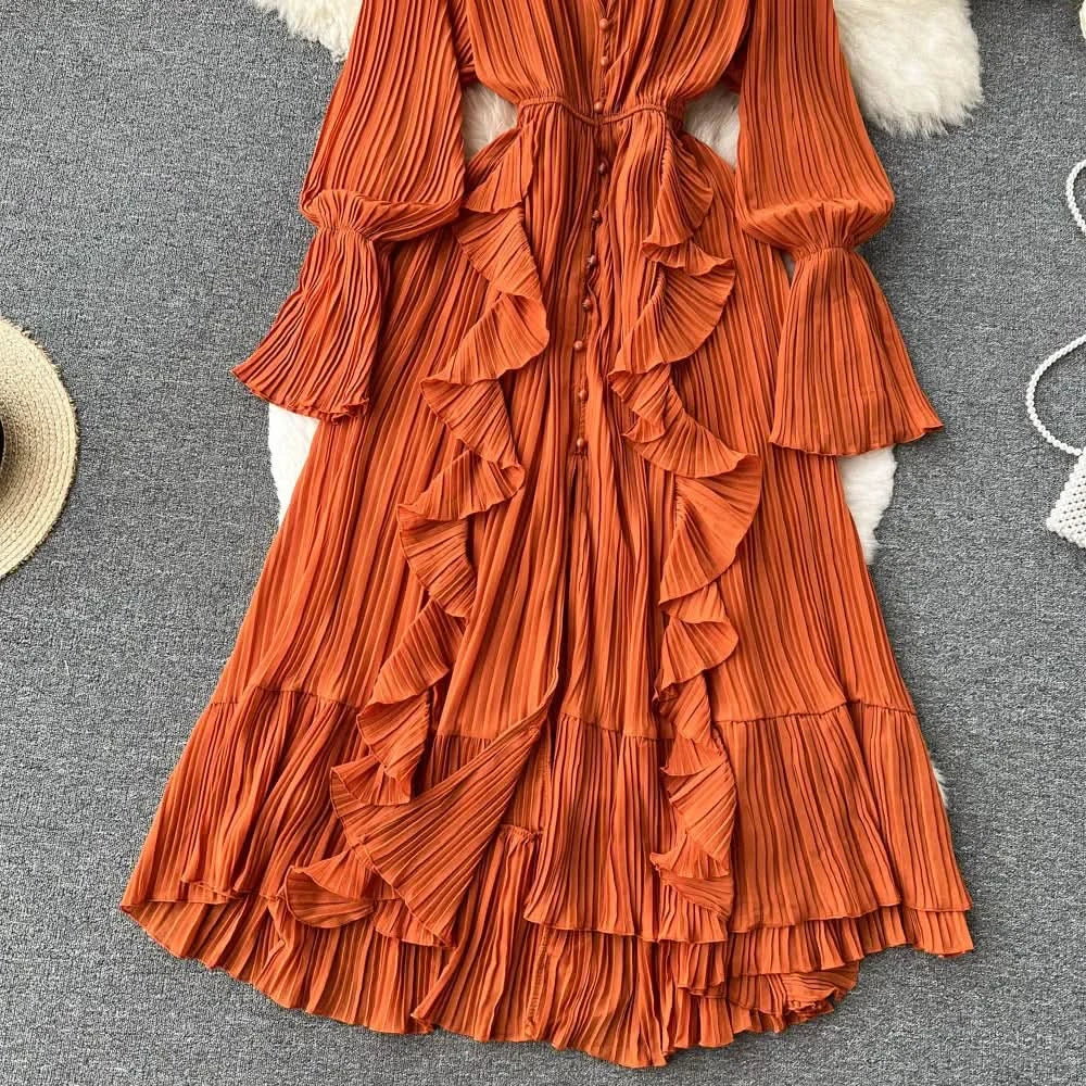 Purple/Brown/Red Chiffon Pleated Long Dress Women Vintage V-Neck Flare Sleeve Draped Ruffle Vestido Female Maxi Robe Spring Fall - M & M Global