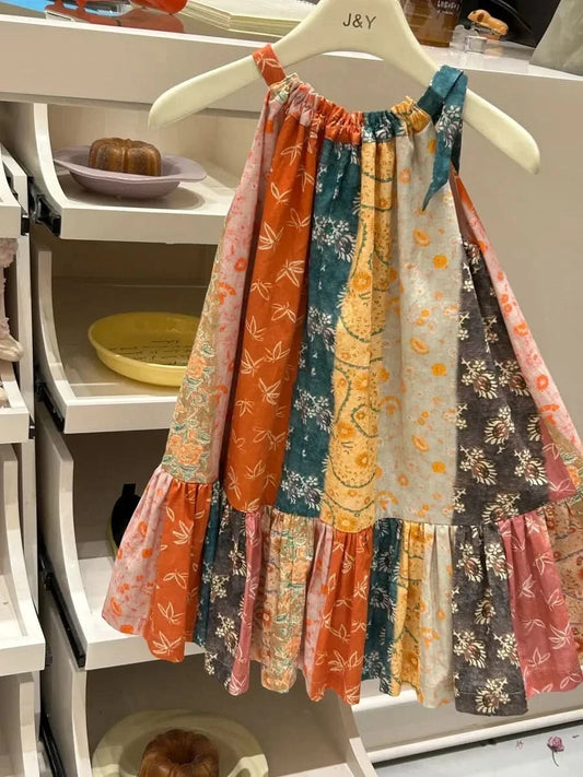 Girls Casual Dresses Floral Print Halter Sleeveless Top Girls Dress Kids Clothes for 2 To 7 Years Chinese Traditional Dress - M & M Global