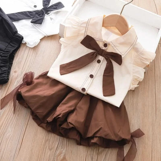 Girls Summer Casual Set Summer Vacation Bow Top + Shorts 2 Piece Set Children Clothes Girl - M & M Global