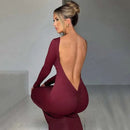 Dulzura O-Neck Long Sleeves Ruched Backless Maxi Dress Solid Sexy Elegant Long Dress Women’S Party Prom Clubwear Autumn Winter - M & M Global