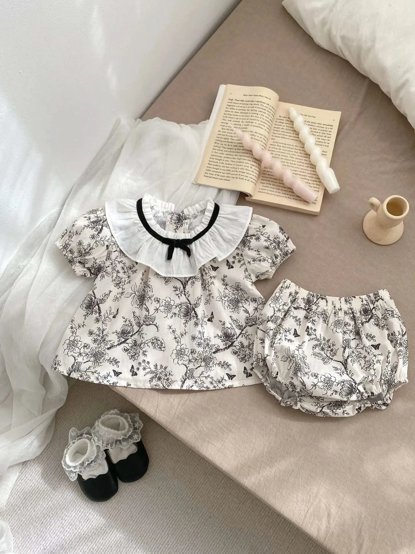 2PCS Summer Floral Baby Girl Suit New Autumn Fashion Lace Bow Baby Girls' Set Peter Pan Collar Shirt and Shorts Princess Outfits - M & M Global