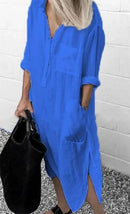 Spring Summer Women's Solid Color Loose Split Shirt Midi Dress Elegant Casual Button Pocket V-Neck Long Sleeve Long Dress 2024 - M & M Global