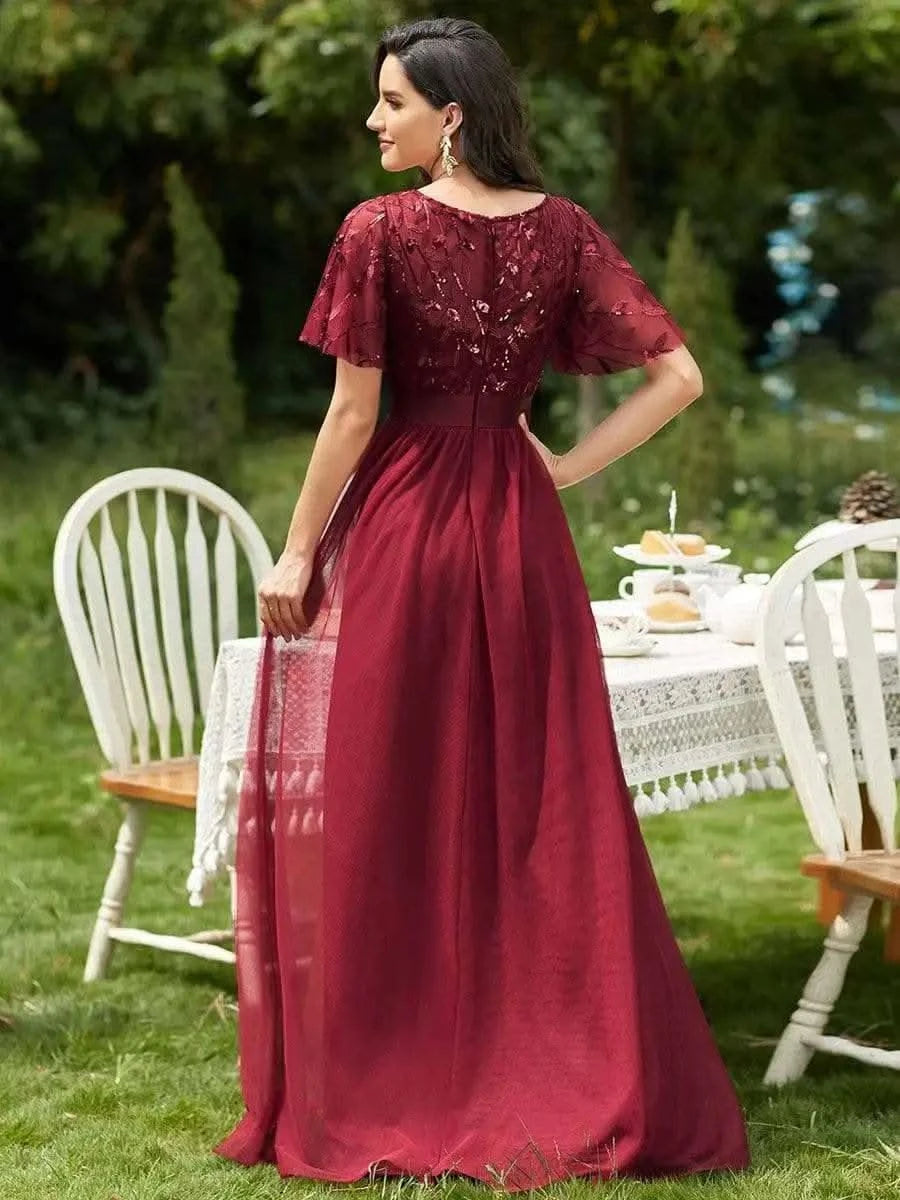 2023 New Women's Burgundy A-Line Sequin Mesh Leaf Maxi Prom Dress Sparkle Evening Dresses O-Neck Short Sleeve Long Dress - M & M Global