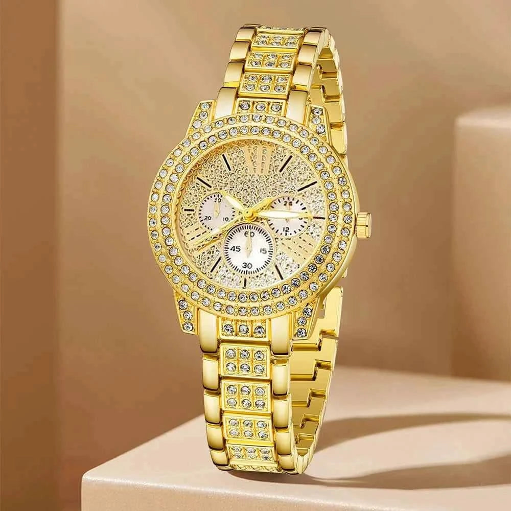 Women's Quartz Watch Gold Luxury Women Ring Necklace Earring Rhinestone Fashion Wristwatch Casual Ladies Watches Jewelry Set ﻿ - M & M Global