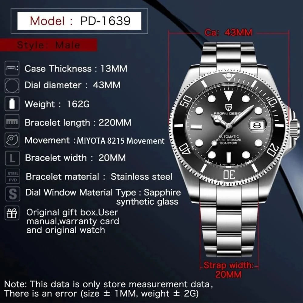 PAGANI DESIGN Luxury Sapphire Glass Men Automatic Watch 100m Waterproof Stainless Steel men mechanical wristwatches montre homme - M & M Global