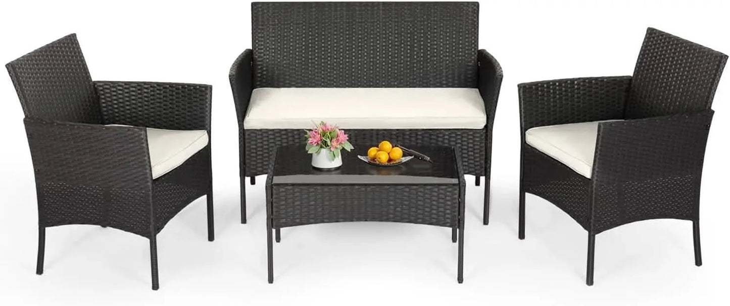 4-Piece Patio Furniture Set | Outdoor Wicker Furniture with Coffee Table | Modern Rattan Chairs Conversation Set