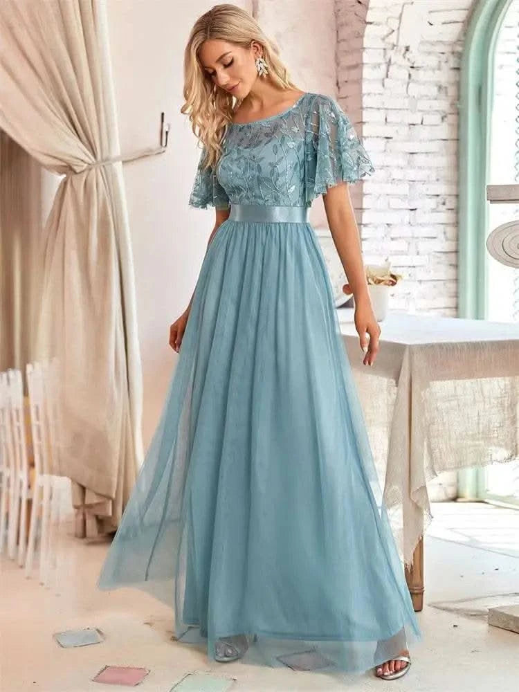 2023 New Women's Burgundy A-Line Sequin Mesh Leaf Maxi Prom Dress Sparkle Evening Dresses O-Neck Short Sleeve Long Dress - M & M Global