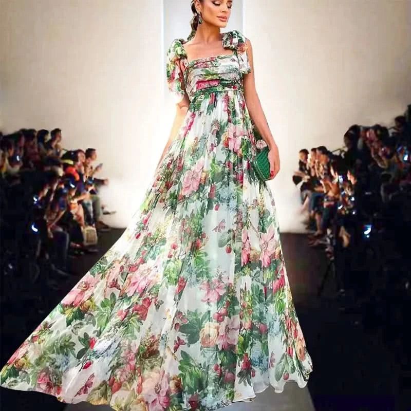 Sexy Summer Party Dress Women Fashion Bow Straps High Waist Pleated Beach Dress Chiffon Casual Floral Print Bohemian Long Dress - M & M Global