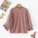ZANZEA Women Elegant Party Blouse Vintage Mesh Ruffle 3/4 Sleeve Tops 2024 Autumn Stand Collar Shirts Korean Version Loose Tunic