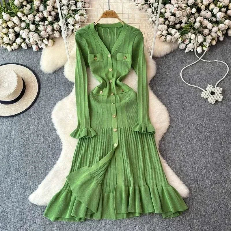 2024 Green Fashion Autumn Winter Knitted Long Dress French Style Letter Buttons Elegant Sweater Dress Lady Office Bodycon - M & M Global