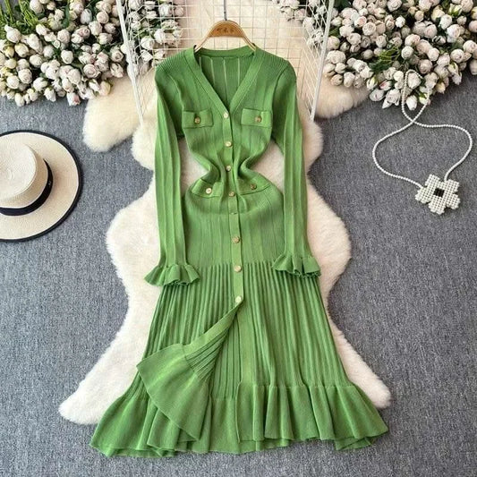 2024 Green Fashion Autumn Winter Knitted Long Dress French Style Letter Buttons Elegant Sweater Dress Lady Office Bodycon - M & M Global