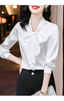 Elegant Pure Color Long Sleeve Women's Shirt with Bow Tie Single Button Open Cardigan Spring Autumn Fashionable Ageless
