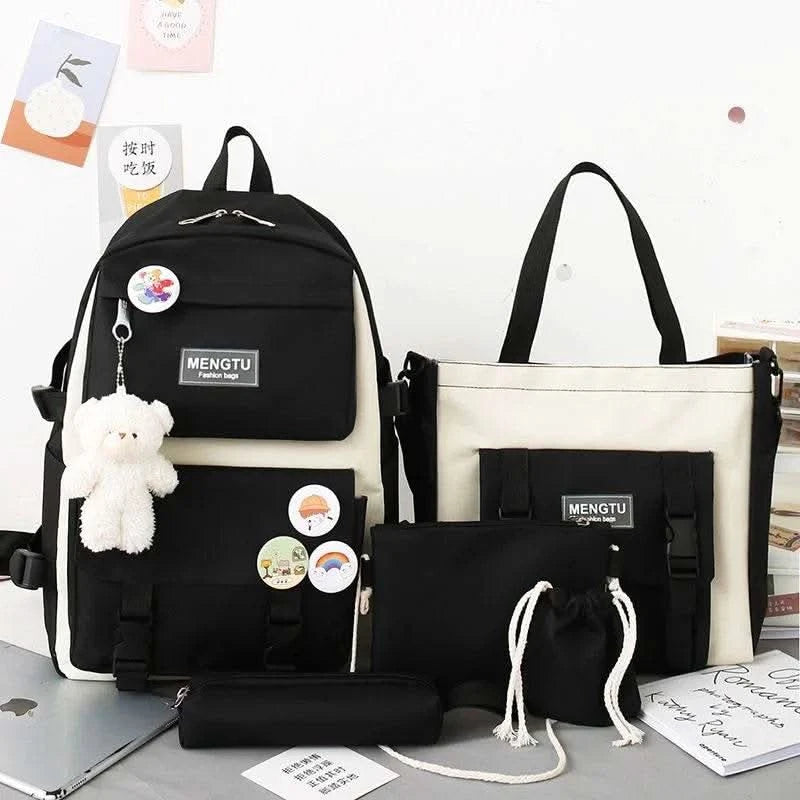 5PCS Kit Backpack Female Fashion Lady High Capacity Waterproof College Trendy Girls Laptop School Bags Cute Girl Travel Book Bag - M & M Global