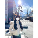 Y2K American Retro Fluffy Fur Collar Hooded Cotton Coat Women Solid Cream Winter Warm Slim Casual Jacket