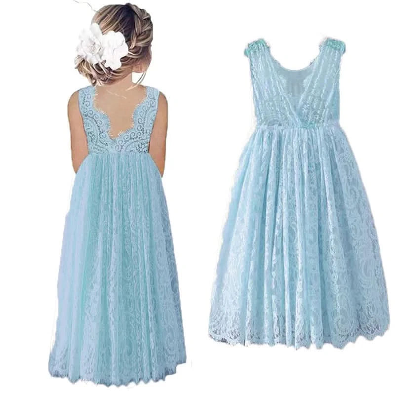 Plus Size Princess Girls Cotton Lace Party Long Dress Baby Kids Flower Girl Wedding Birthday Children Clothing 2 4  6 8 10 12 14 - M & M Global