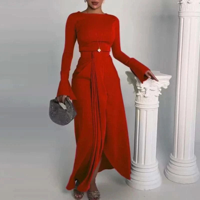2024 Casual Solid Prom Dress Elegant O Neck High Waist Pleated Commuter Dress New Autumn Fashion Flared Sleeve Split Long Dress - M & M Global
