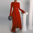 2024 Casual Solid Prom Dress Elegant O Neck High Waist Pleated Commuter Dress New Autumn Fashion Flared Sleeve Split Long Dress - M & M Global
