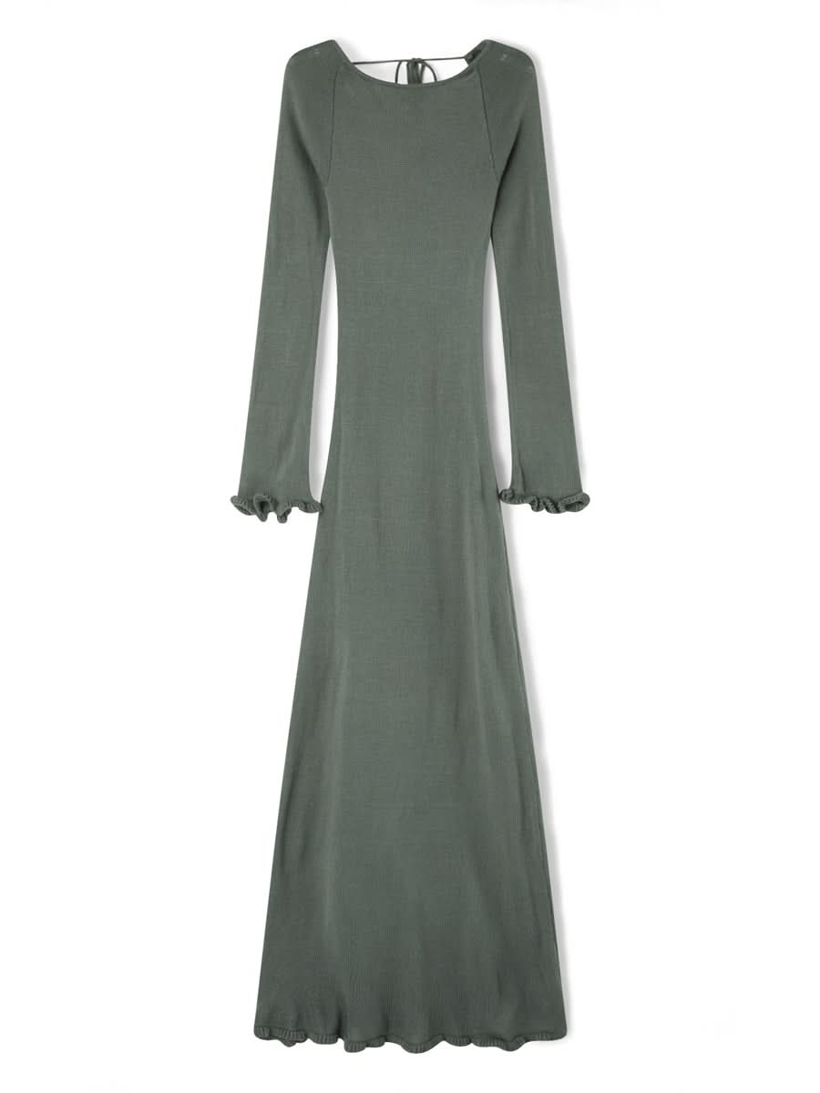 Women's Autumn Winter Knitted Bodycon Dress Long Sleeve Tie Backless Round Neck Solid Color Ruffle Trim Long Dress Beachwear - M & M Global