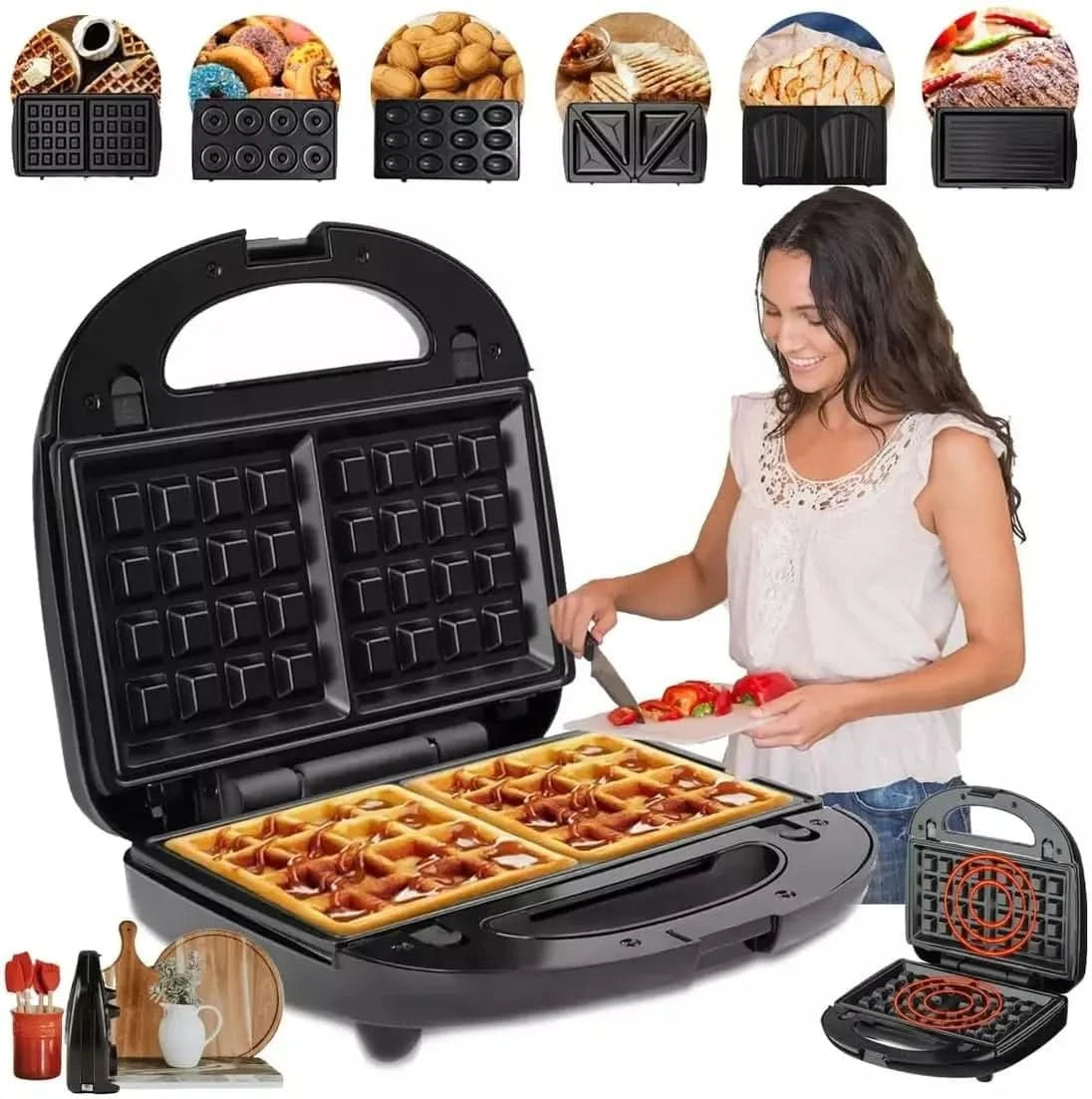 6 in 1 Waffle Iron Set, Panini Press Grill and Electric Sandwich Maker with Removable Non-Stick Plate, Ideal for Cooking Grilled - M & M Global