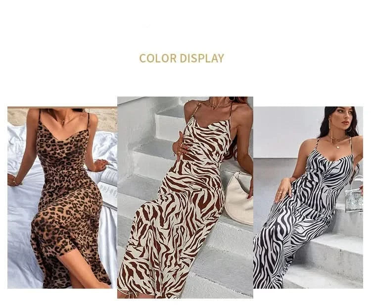 Women Sundress Summer Women Leopard Print Sexy Halter Beach Long Dress Backless Elegant Dresses Casual Resort Style Clothes - M & M Global