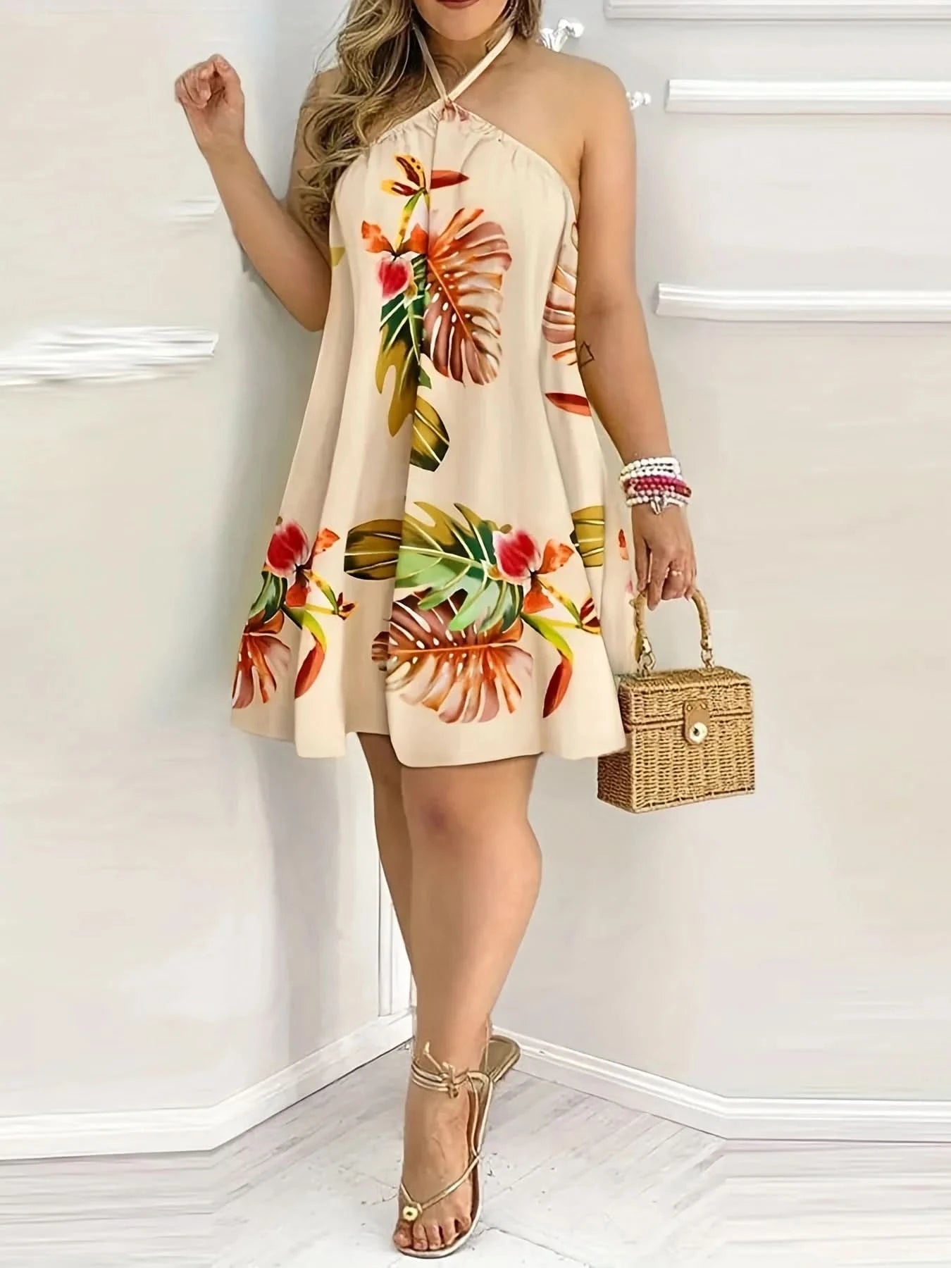 Plus Size Dresses For Woman 2023 Sexy Sleeveless Backless Short Mini Dress Loose Halter Neck Print Beach Sundress Floral Vestido - M & M Global