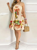 Plus Size Dresses For Woman 2023 Sexy Sleeveless Backless Short Mini Dress Loose Halter Neck Print Beach Sundress Floral Vestido - M & M Global