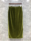 Retro Green Velvet Split Skirt Women Sequin Floral Heavy Industry High Waist A Line Long Dress Elegant Mid Length Skirt Fashion - M & M Global