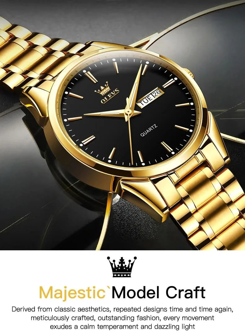 OLEVS Men Watches Waterproof Stainless Steel Quartz Male Wristwatch Gold Watch Fashion Luminous Luxury Calendar Business Clock - M & M Global