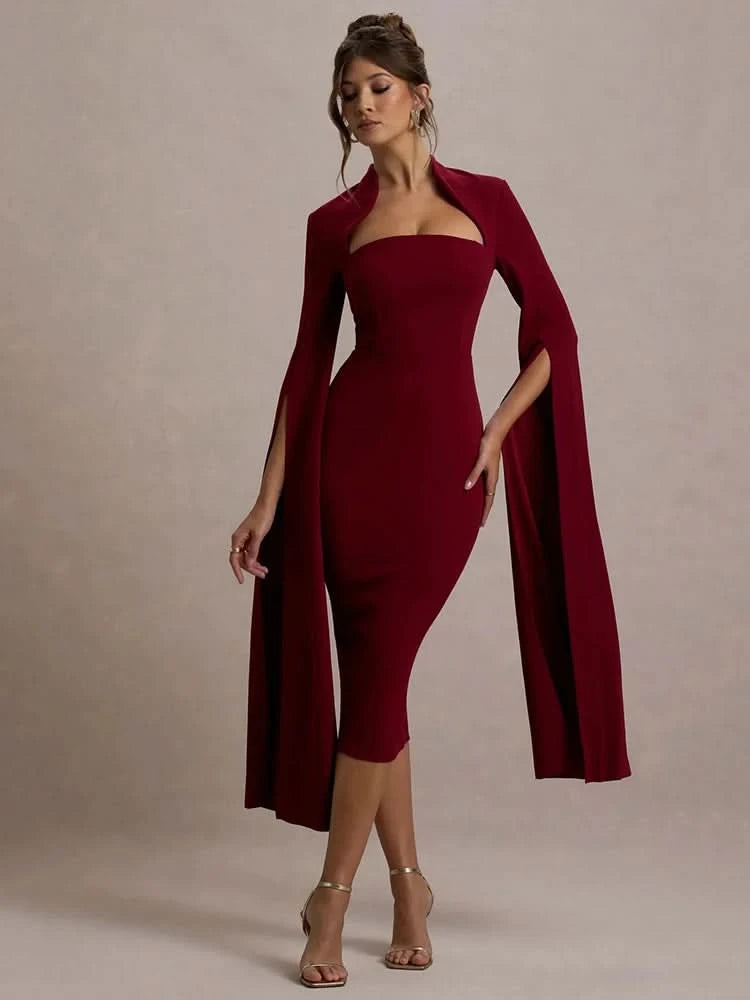 Mozision Cape Long Sleeve Sexy Midi Dress For Women Autumn Winter New Square Collar Back Slit Bodycon Club Party Long Dress - M & M Global