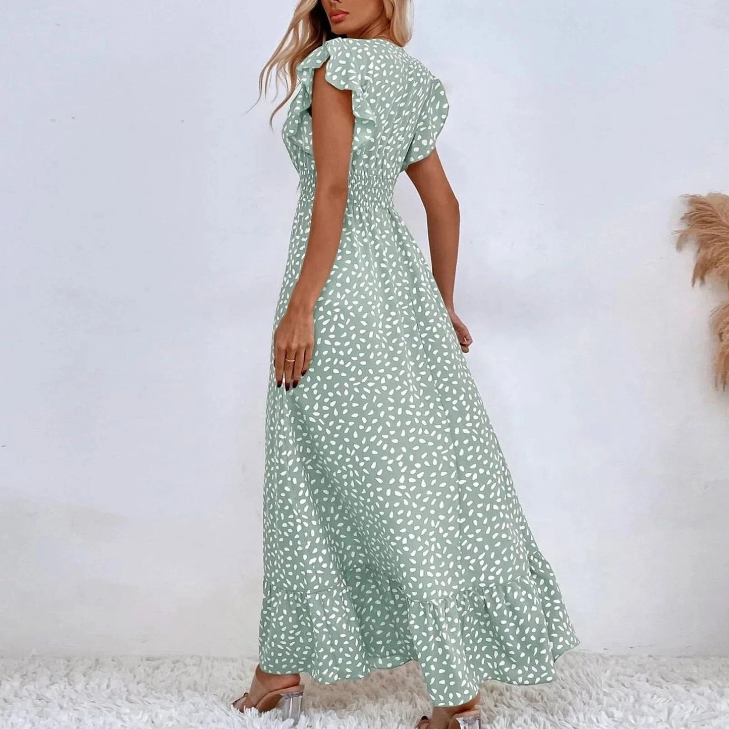 Polka Dot Dress For Women Sexy V-Neck Long Dress Casual And Fashionable Ruffle Edge Short Sleeved High Waisted Dress - M & M Global