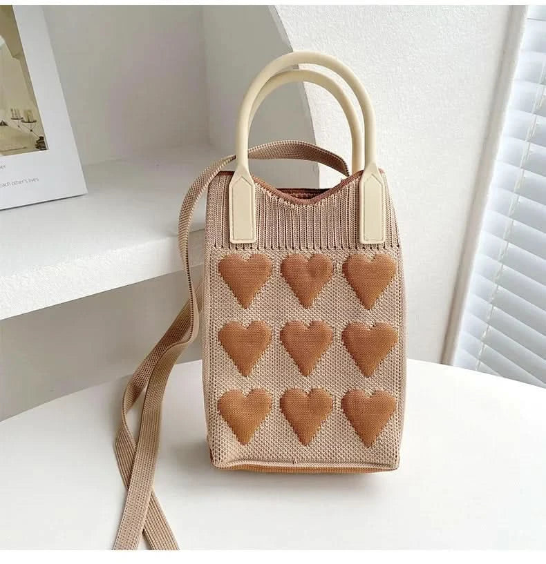 Korean Fashion Heart Knitted Mini Square Handbag for Women Small Mobile Phone Shoulder Bags Girls Cute Outdoor Crossbody Bags - M & M Global