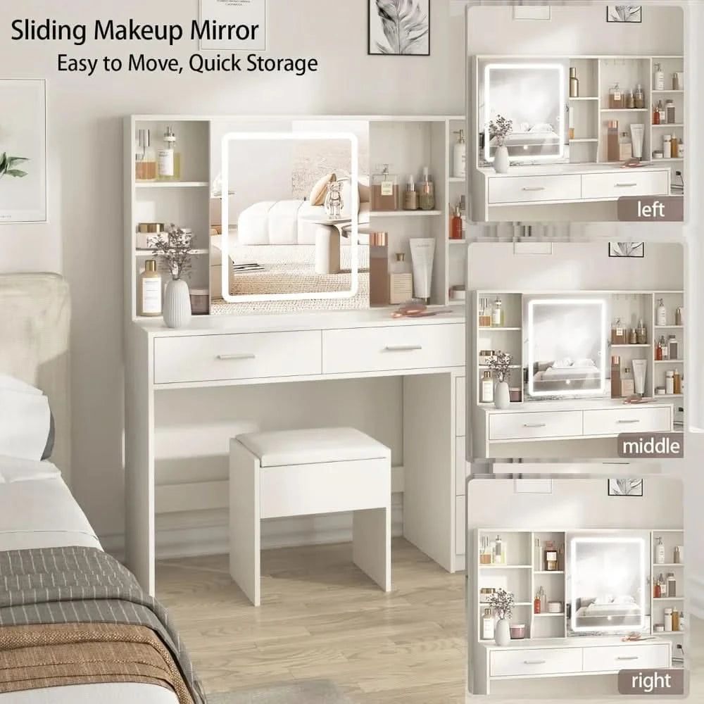 Vanity Desk with Mirror and Lights, Makeup Vanity with 5 Drawers, Makeup Desk with Charging Station and Ample Storage, Dressing