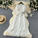 Designer 2025 Summer Pleated Chiffon Lace Long Dress Women Flower Embroidery Gold Button Belt Evening Party Dresses Wedding Robe - M & M Global