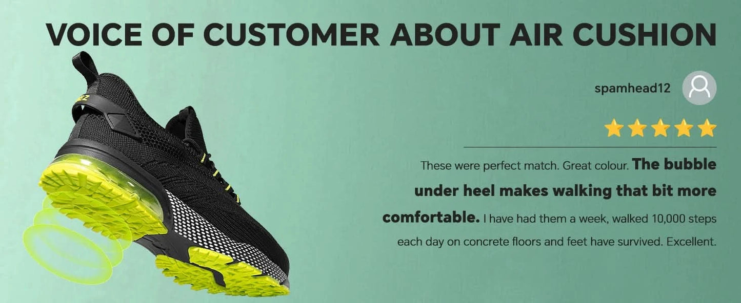 SPIEZ composite toe safety shoes, lightweight air cushion, men's work shoes in black and green - M & M Global
