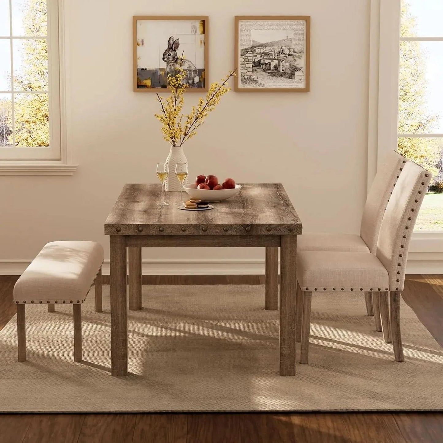 Rustic Dining Table, Farmhouse Kitchen Dining Chairs , Charming 60" Rectangular Wooden Table& Upholstered
