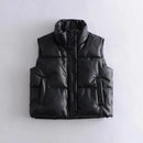 Autumn Winter PU Leather Coat Women Black Stand Collar Vests Women Fashion Zipper Elegant Short Vests Female Ladies
