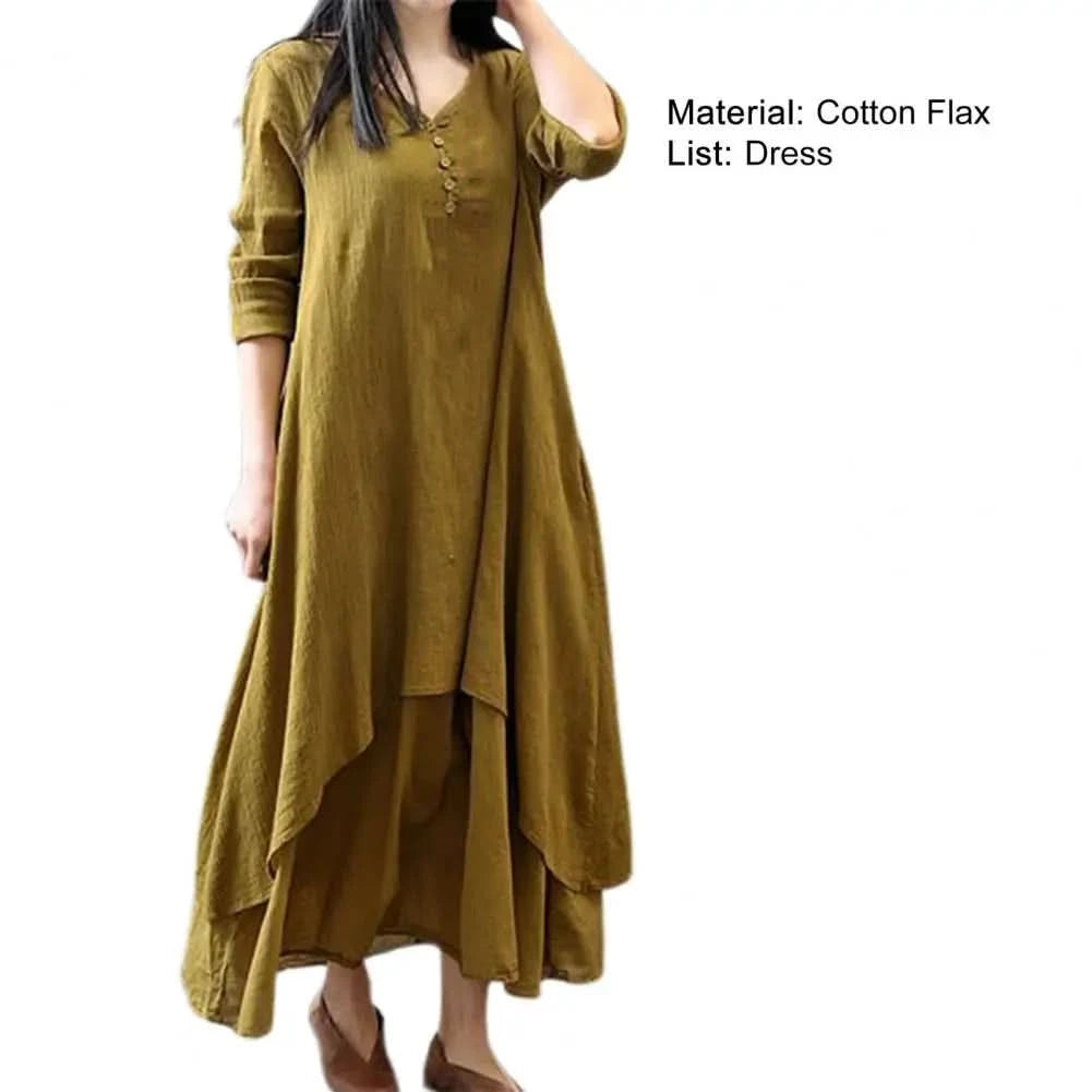 Women Elegant Linen White Dresses Bohemia Layering Vintage Robe Long Sleeve Loose Long Dress Female Autumn Vestidos - M & M Global