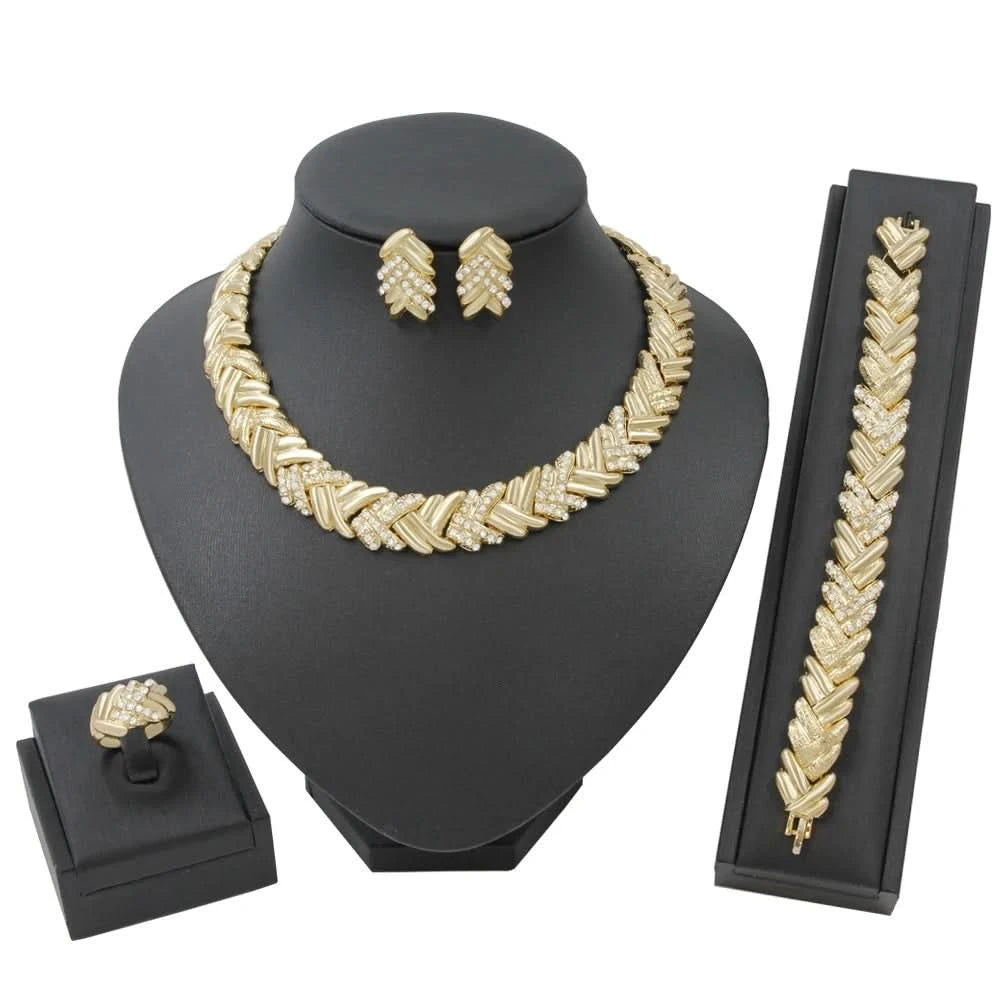 Jewelry Set for Women Bridal Dubai Gold Color Crystal Necklace Bracelet Nigerian Indian Jewelry Set Wedding Traditional - M & M Global