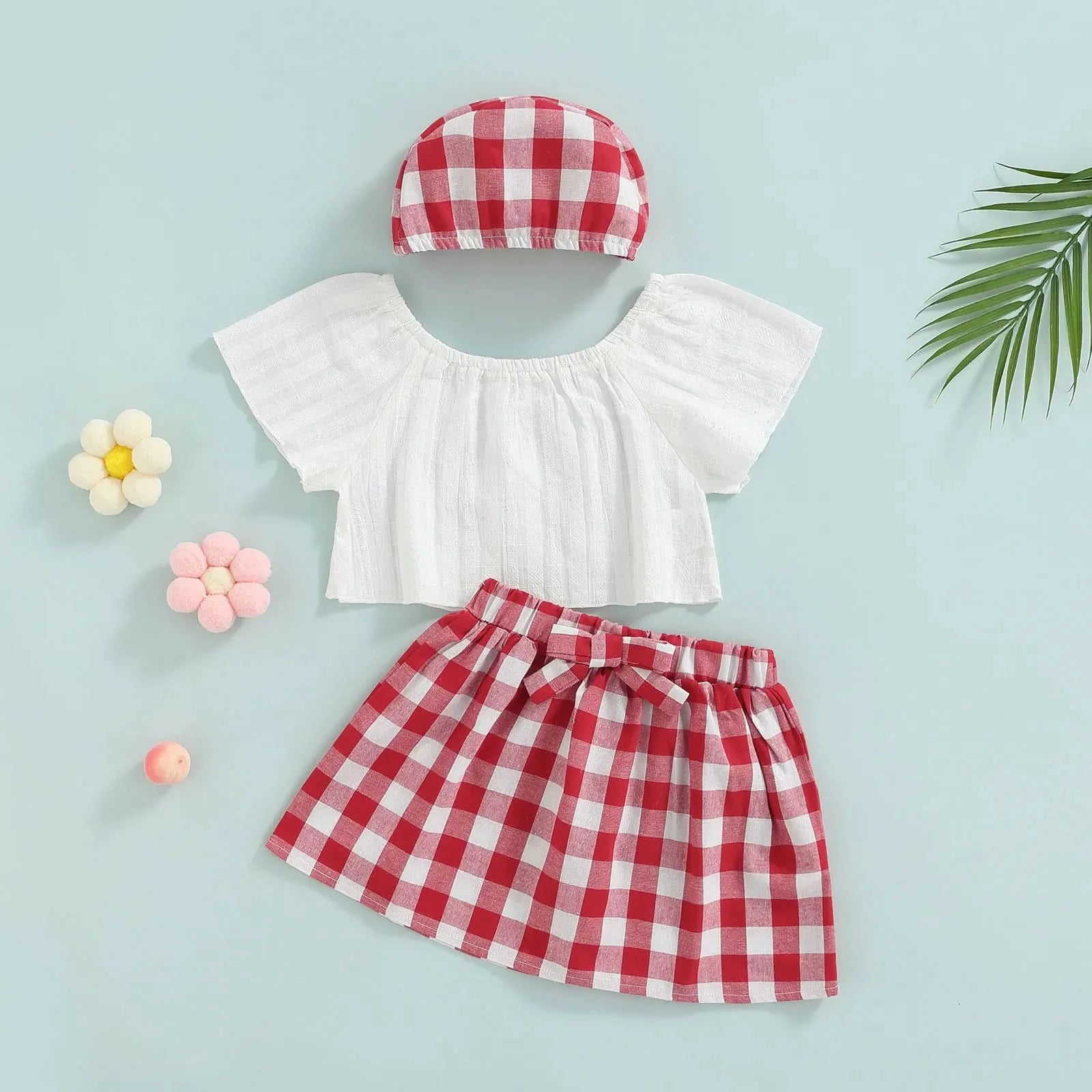 Lioraitiin 3Pcs Set 0-24M Newborn Baby Girl Clothes Cute Summer Off Shoulder Lace Tops+ Red Plaid Short Dress Headband Outfit - M & M Global